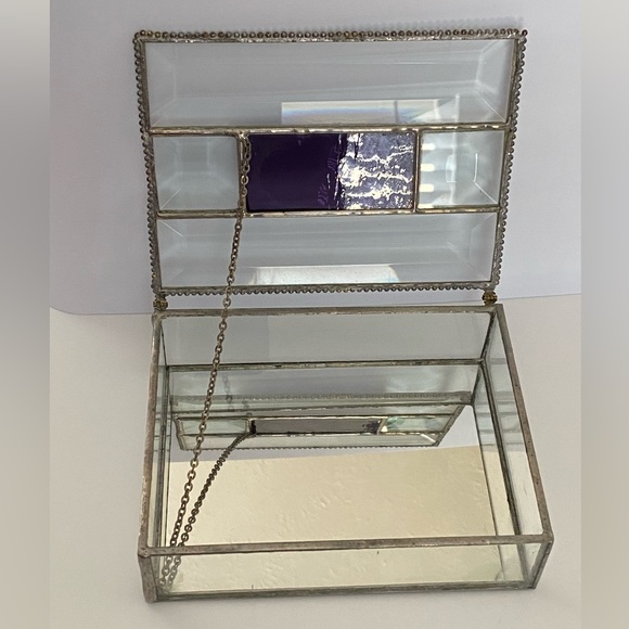 Vintage Jewelry Trinket Box Purple Stain Glass Clear Beveled Mirror Chain Hinged - Picture 10 of 12